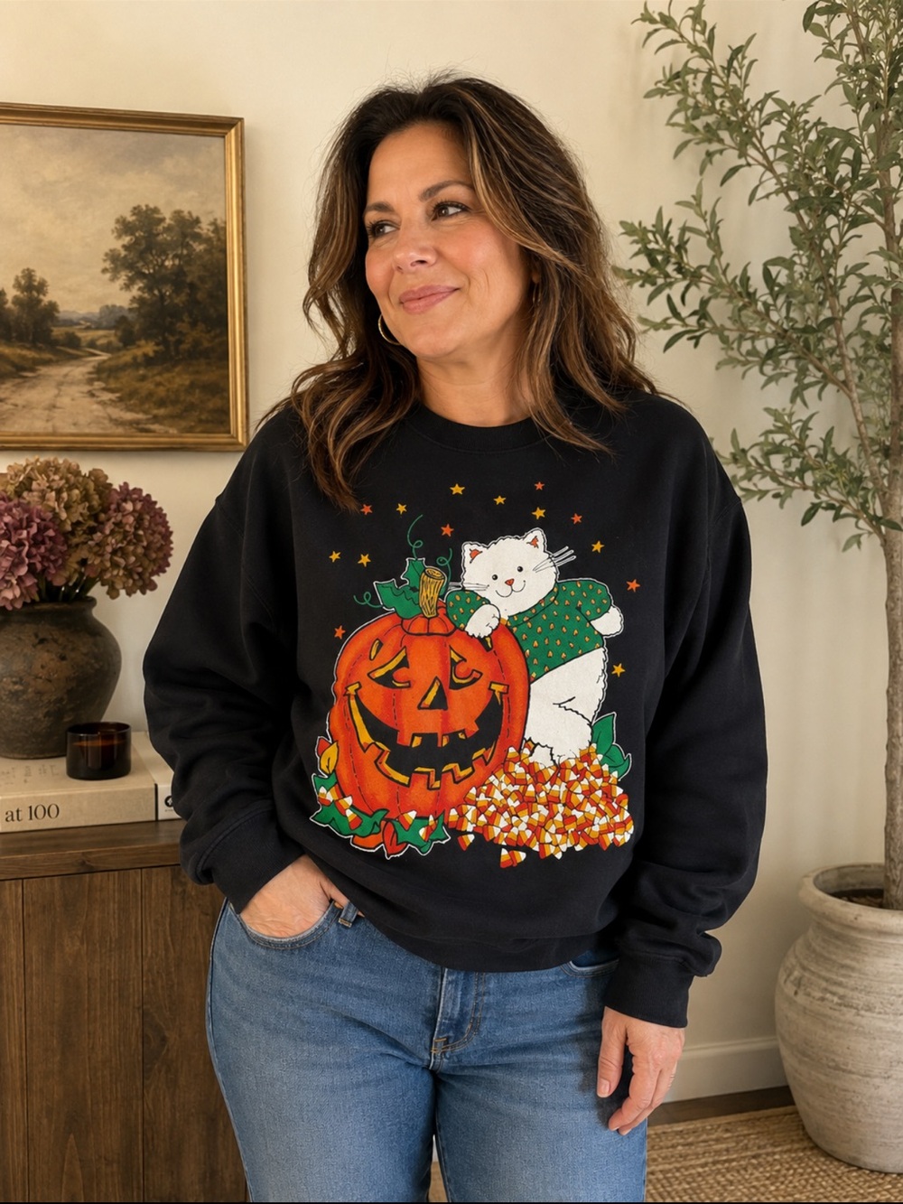 Vintage Halloween Pumpkin cat  Crewneck Sweatshirt Size L jackO lantern